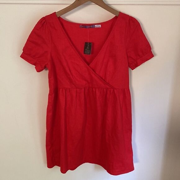 Red Linen Babydoll Mini Dress - Picture 13 of 13